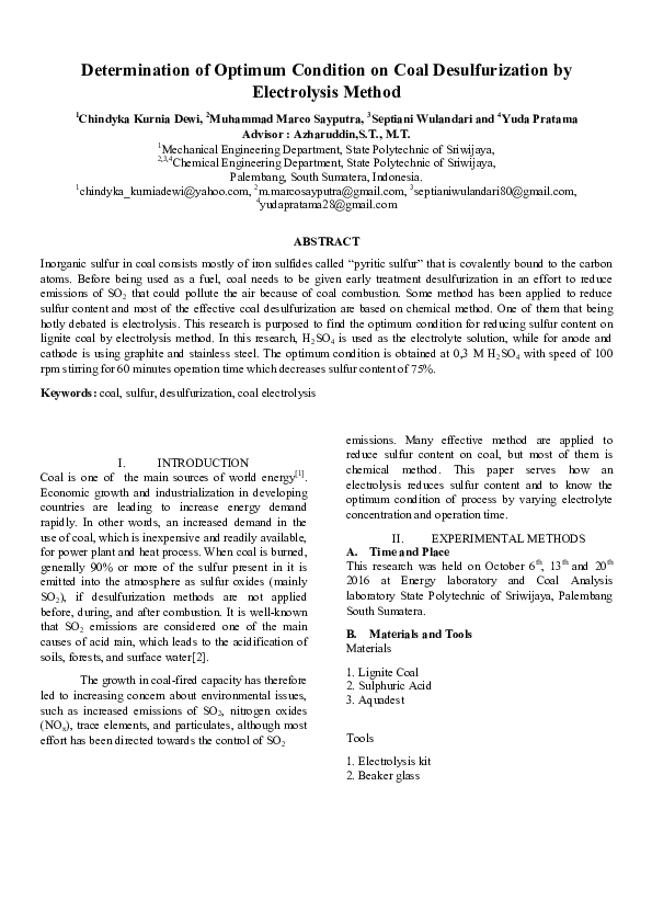 (PDF) Determination of Optimum Condition on Coal Desulfurization by ...
