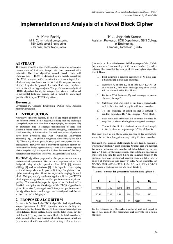 (PDF) Implementation and Analysis of a Novel Block Cipher