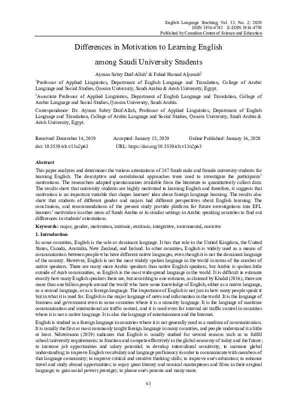 (PDF) Differences in Motivation to Learning English among Saudi ...