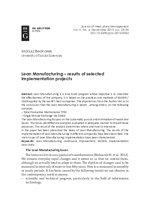 (PDF) Lean manufacturing – results of selected implementation projects
