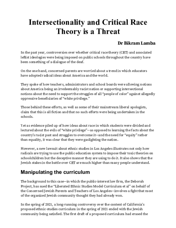 (DOC) Intersectionality and Critical Race Theory is a Threat