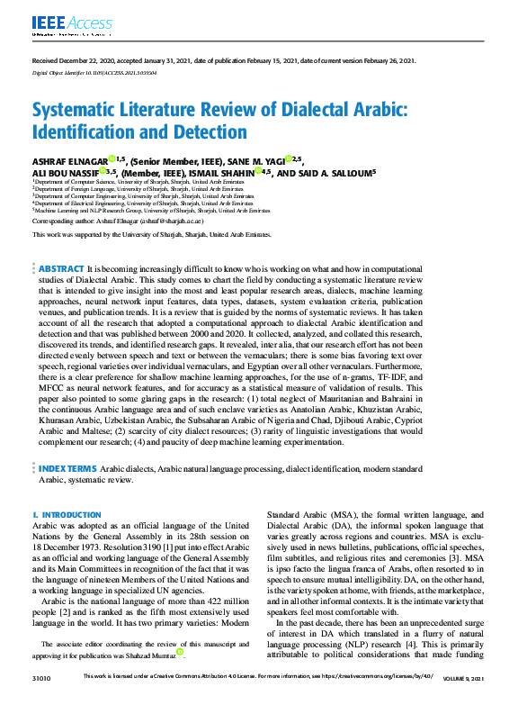 (PDF) Systematic Literature Review of Dialectal Arabic: Identification ...