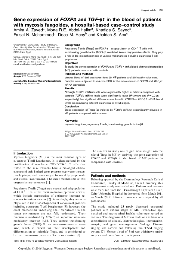 (PDF) Gene expression of FOXP3 and TGF-β1 in the blood of patients with ...