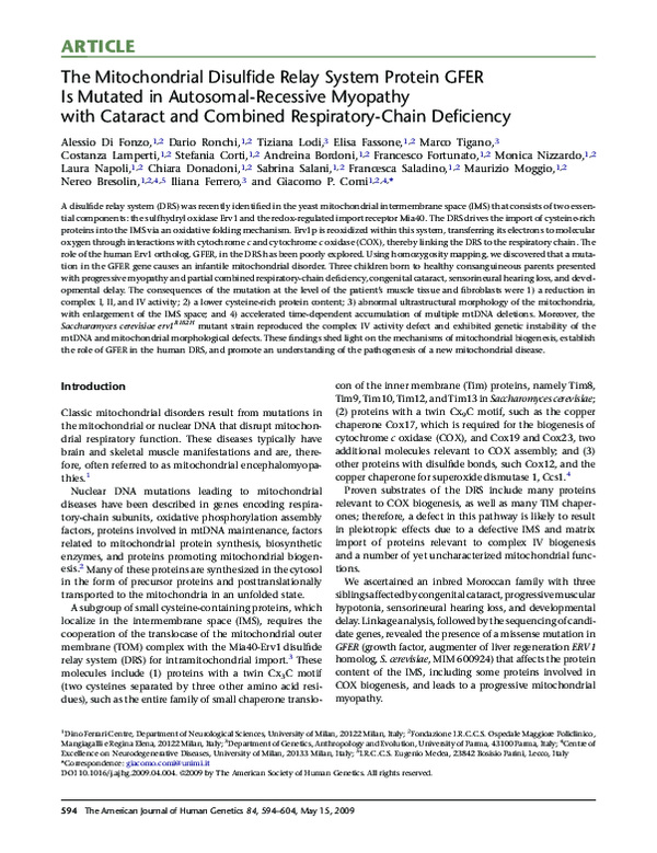 (PDF) The Mitochondrial Disulfide Relay System Protein GFER Is Mutated ...