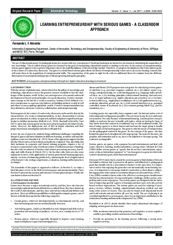 (PDF) Learning Entrepreneurship with Serious Games - A Classroom Approach