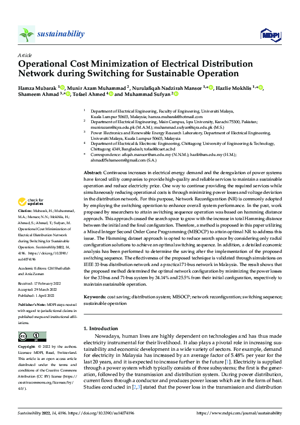 Operational Cost Minimization of Electrical Distribution Network during Switching for Sustainable Operation