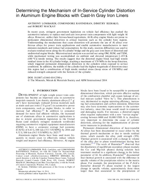 (PDF) Determining the Mechanism of InService Cylinder Distortion in