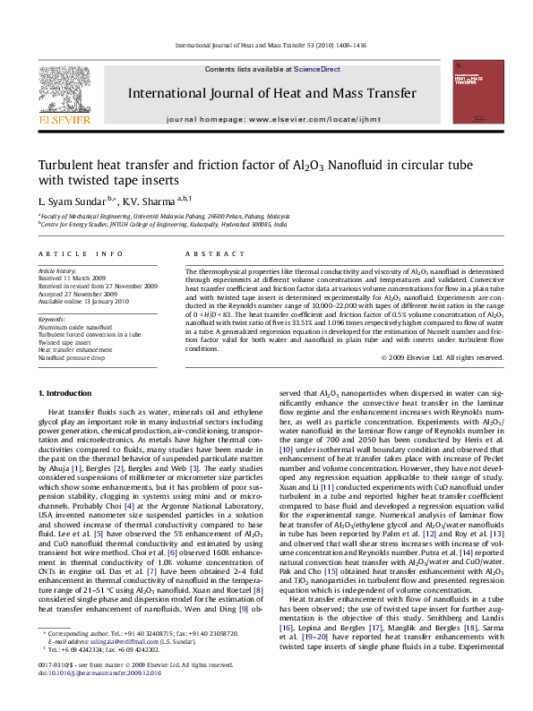 (PDF) Turbulent heat transfer and friction factor of Al2O3 Nanofluid in ...