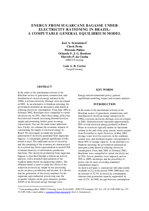 (PDF) Energy from sugarcane bagasse under electricity rationing in ...