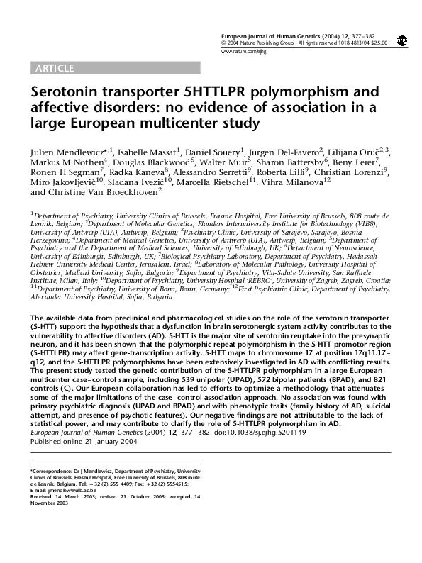 (PDF) Serotonin transporter 5HTTLPR polymorphism and affective ...