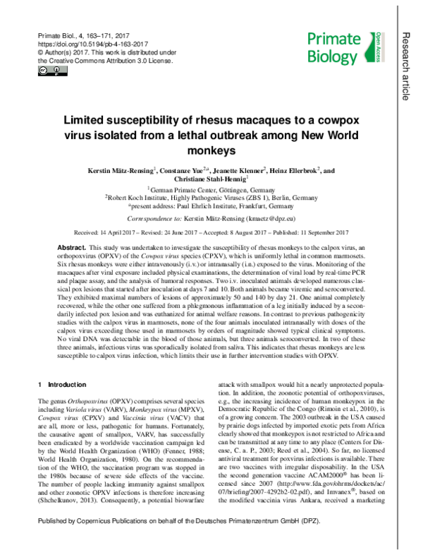 (PDF) Limited susceptibility of rhesus macaques to a cowpox virus ...