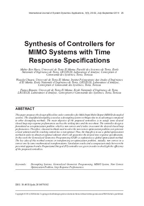 (PDF) Synthesis of Controllers for MIMO Systems with Time Response ...