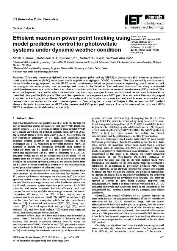 (PDF) Efficient maximum power point tracking using model predictive ...