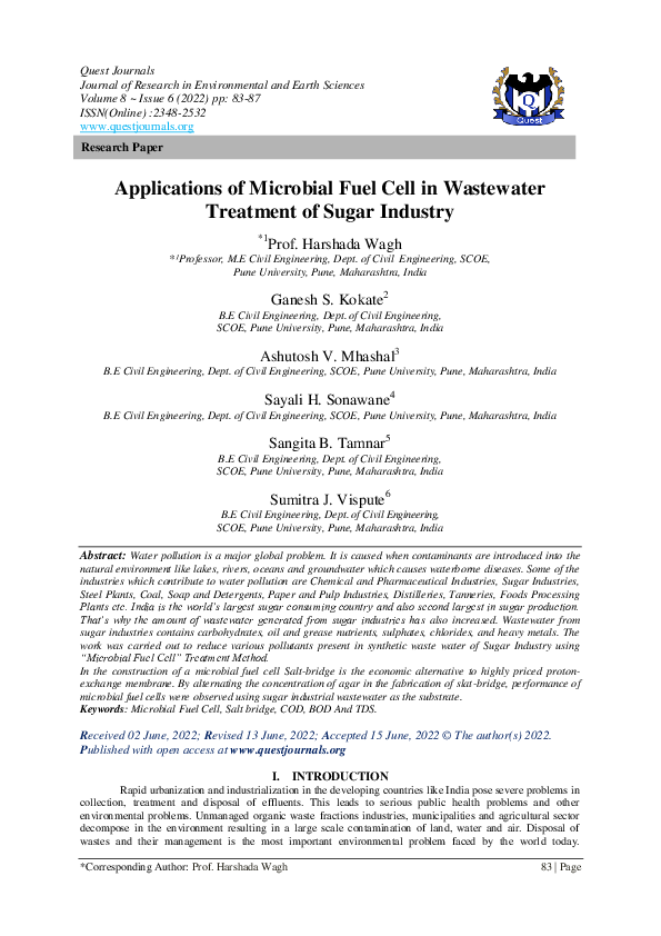 (PDF) Applications of Microbial Fuel Cell in Wastewater Treatment of ...