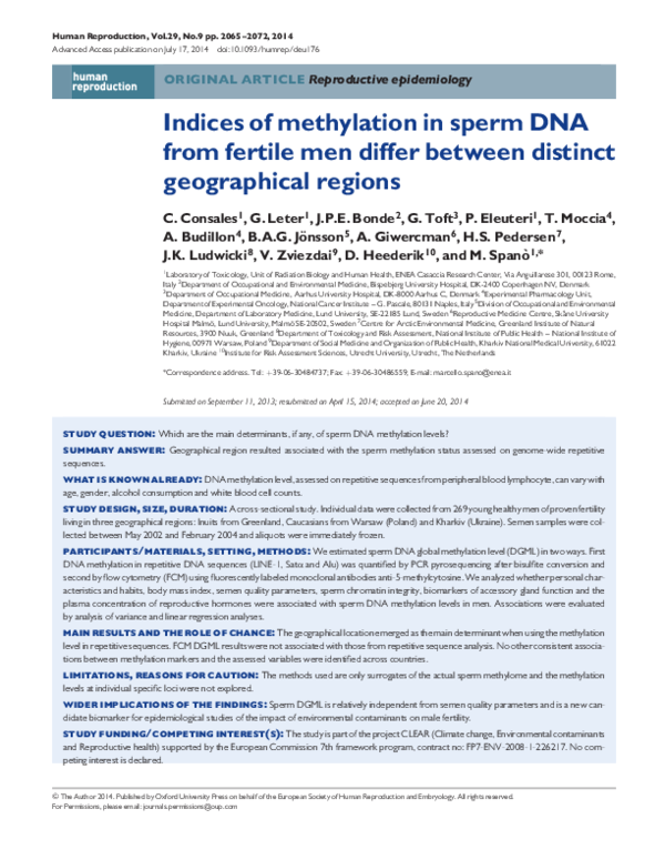 (PDF) Indices of methylation in sperm DNA from fertile men differ ...