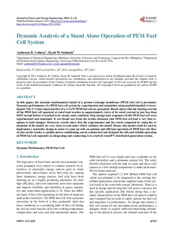 (PDF) Dynamic Analysis of a Stand Alone Operation of PEM Fuel Cell System