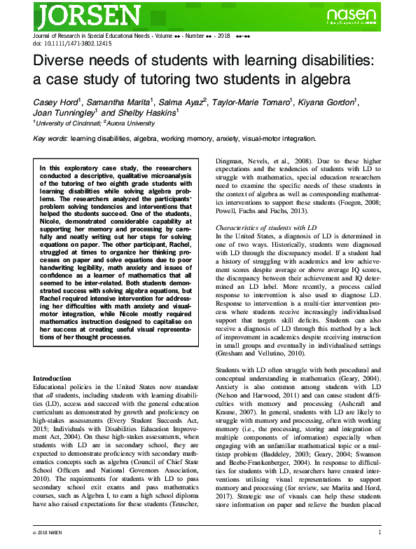 (PDF) Diverse needs of students with learning disabilities: a case ...