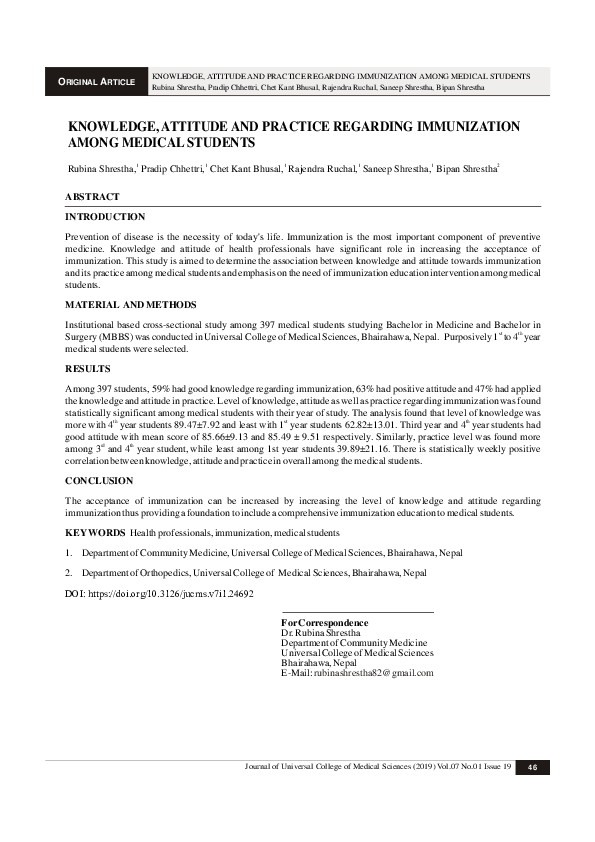 (PDF) Knowledge, Attitude and Practice Regarding Immunization among ...
