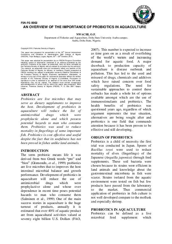 (PDF) An Overview of the Importance of Probiotics in Aquaculture