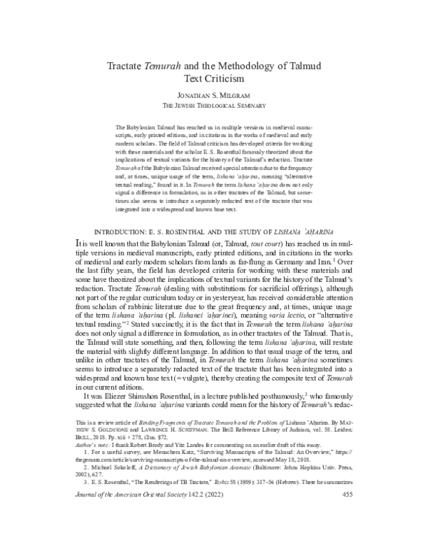 (PDF) “Tractate Temurah and the Methodology of Talmud Text Criticism ...