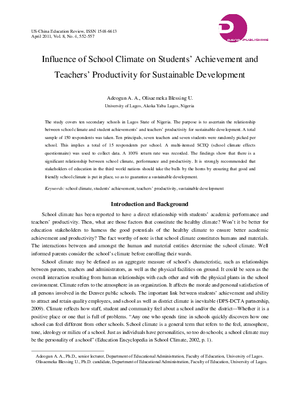 (PDF) Influence of School Climate on Students＇ Achievement and Teachers ...