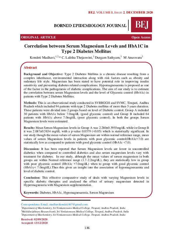 (PDF) Correlation between Serum Magnesium Levels and HbA1C in Type 2 ...