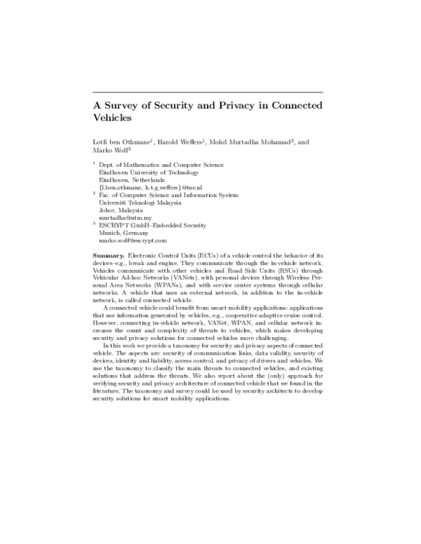(PDF) A Survey of Security and Privacy in Connected Vehicles