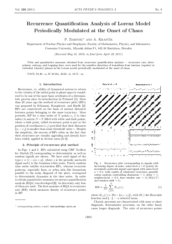 (PDF) Recurrence Quantification Analysis of Lorenz Model Periodically ...