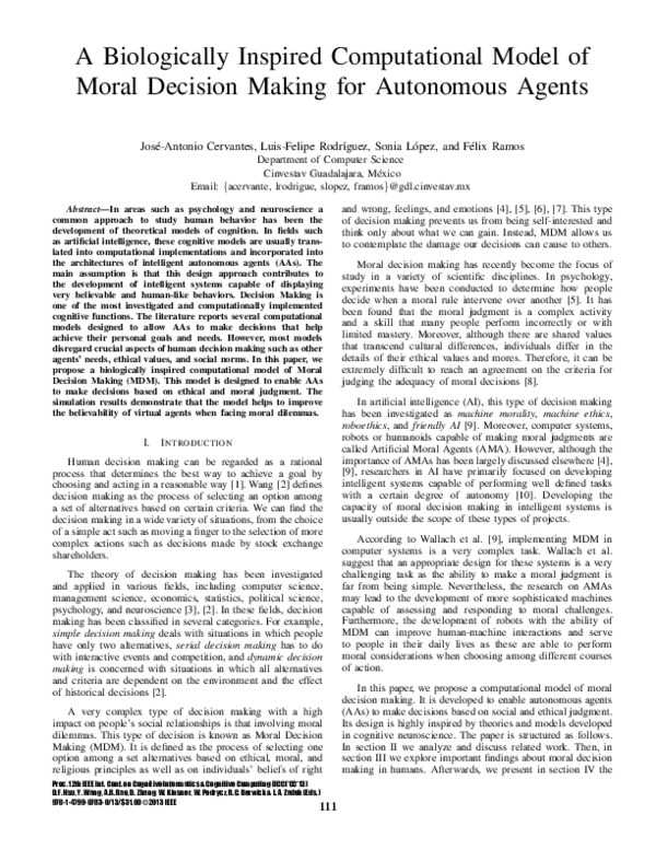 (PDF) A biologically inspired computational model of Moral Decision ...