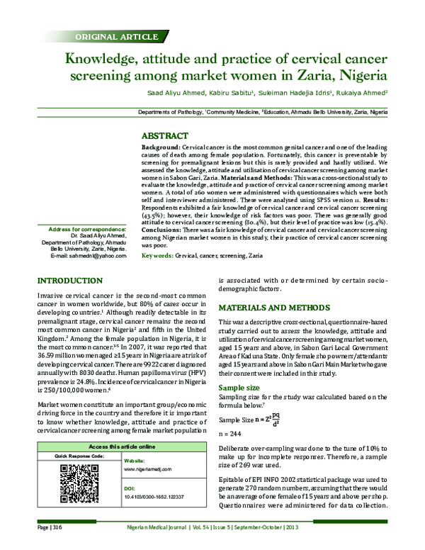 (PDF) Knowledge, attitude and practice of cervical cancer screening ...