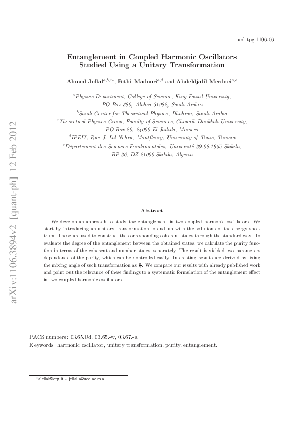 (PDF) Entanglement in coupled harmonic oscillators studied using a ...