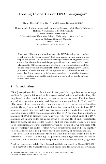 (PDF) Coding properties of DNA languages