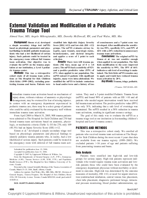 (PDF) External Validation and Modification of a Pediatric Trauma Triage ...