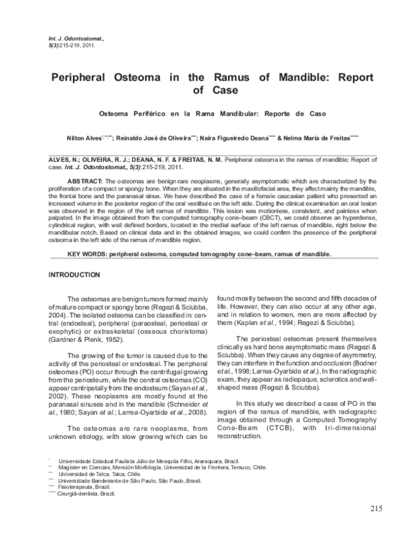 (PDF) Peripheral Osteoma in the Ramus of Mandible: Report of Case