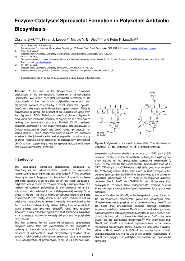 (PDF) Enzyme-Catalysed Spiroacetal Formation in Polyketide Antibiotic ...