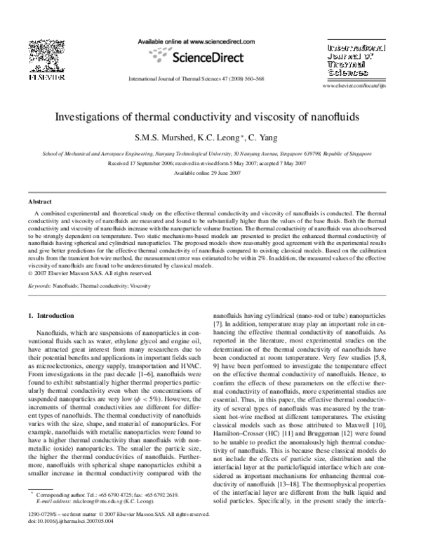 (PDF) Investigations of thermal conductivity and viscosity of nanofluids