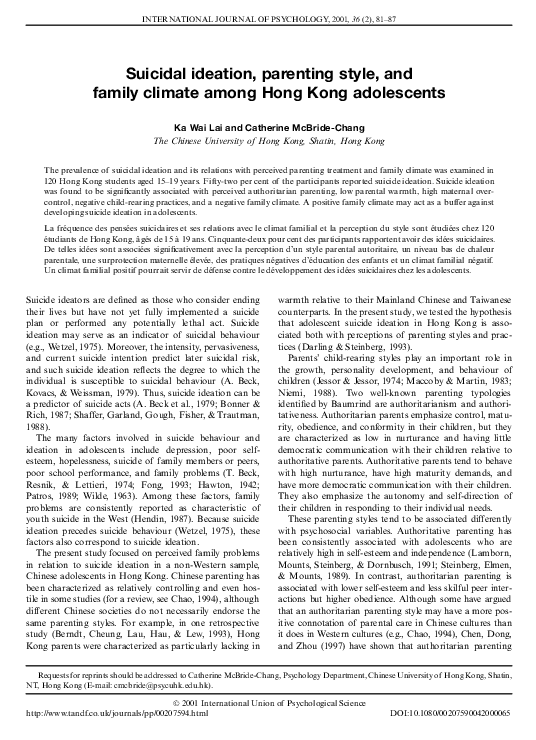 (PDF) Suicidal ideation, parenting style, and family climate among Hong ...