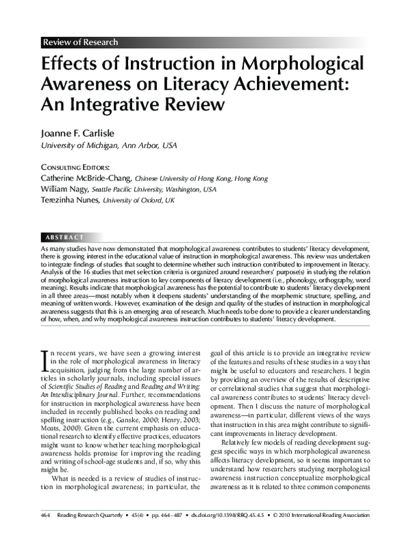 (PDF) Effects of Instruction in Morphological Awareness on Literacy ...