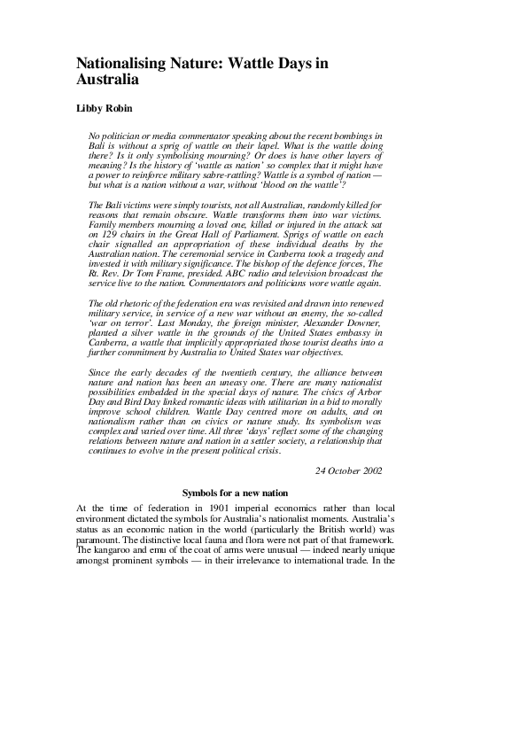(PDF) Nationalising nature: Wattle days in Australia