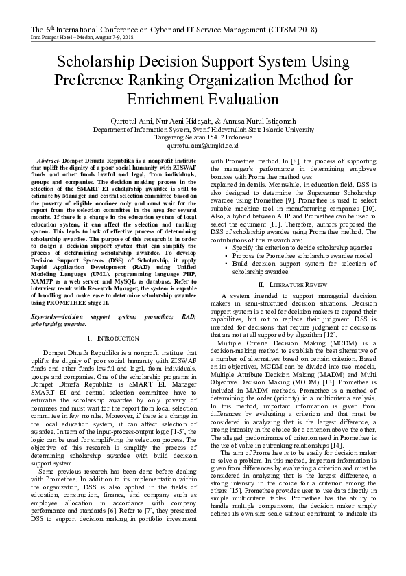 (PDF) Scholarship Decision Support System Using Preference Ranking ...