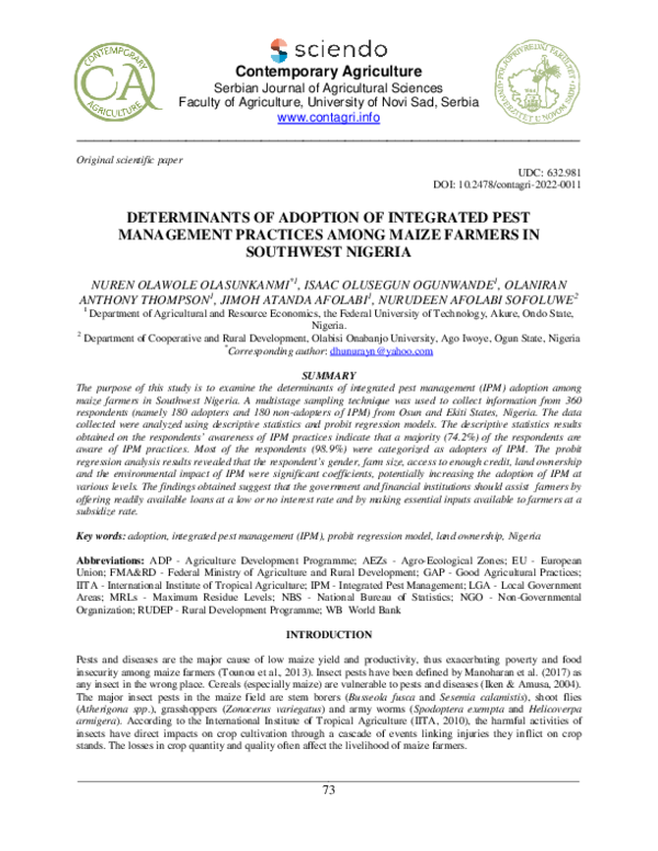 PDF Determinants of Adoption of Integrated Pest Management  