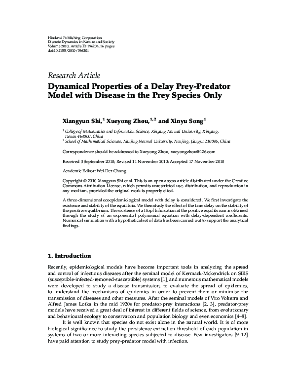(PDF) Dynamical Properties of a Delay Prey-Predator Model with Disease ...