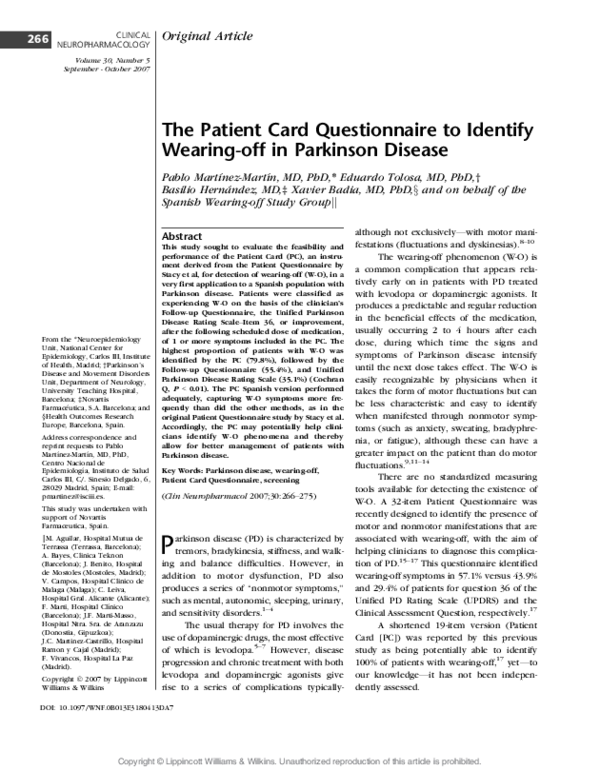 (PDF) The Patient Card Questionnaire to Identify Wearingoff in
