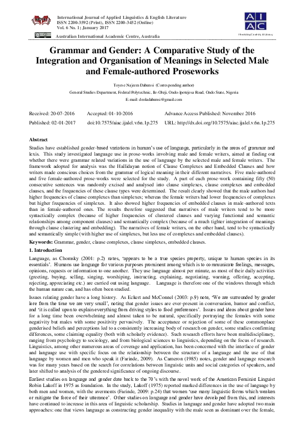 (PDF) Grammar and Gender: A Comparative Study of the Integration and ...