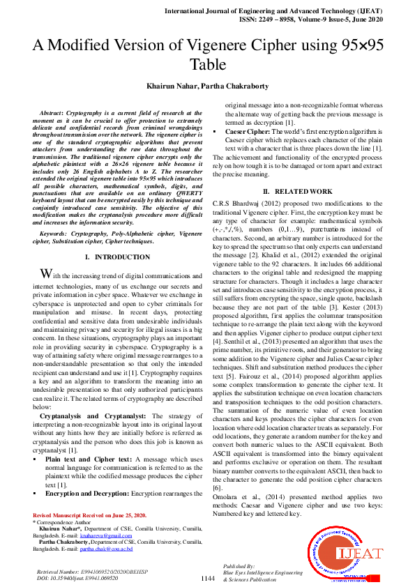 (PDF) A Modified Version of Vigenere Cipher using 95×95 Table