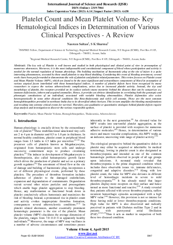 (PDF) Platelet Count and Mean Platelet Volume Key Hematological