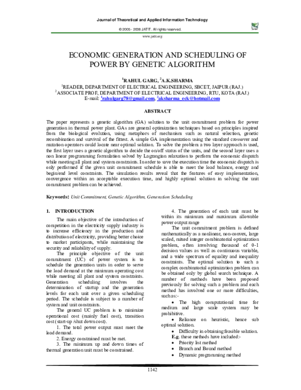 (PDF) Economic Generation and Scheduling of Power by Genetic Algorithm