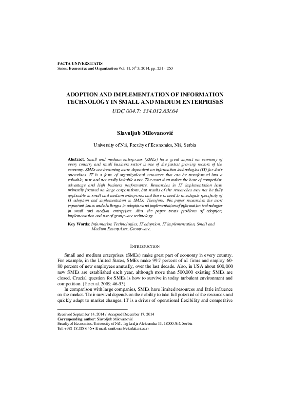 (PDF) Adoption and Implementation of Information Technology in Small ...