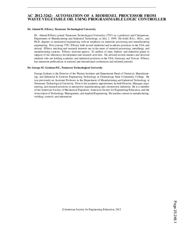 Pdf Automation Of A Biodiesel Processor From Waste Vegetable Oil