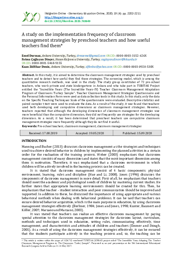 (PDF) A study on the implementation frequency of classroom management ...